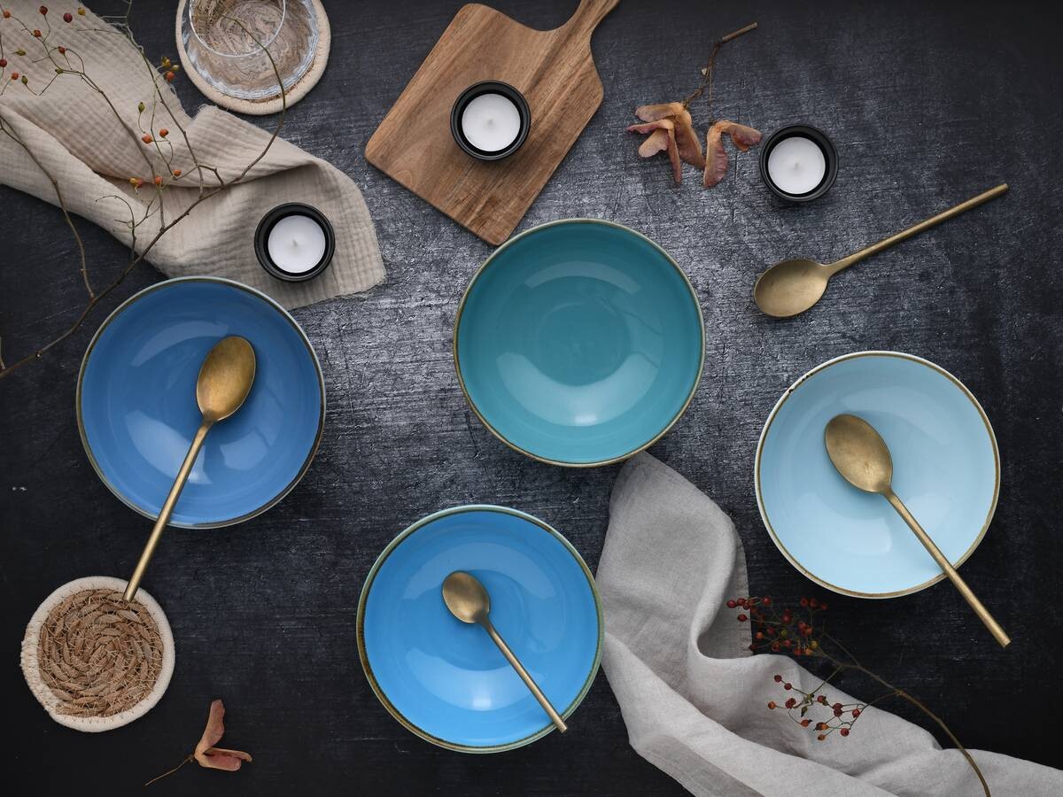 CreaTable Schalen-Set Nature Collection Aqua blau Steinzeug 4 tlg.