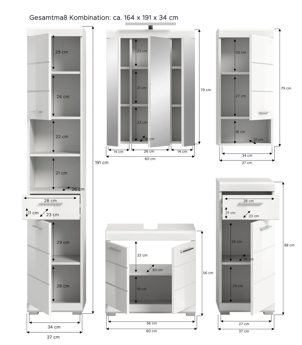 Badezimmer-Set Scout weiß weiß Hochglanz B/H/T: ca. 164x191x34 cm