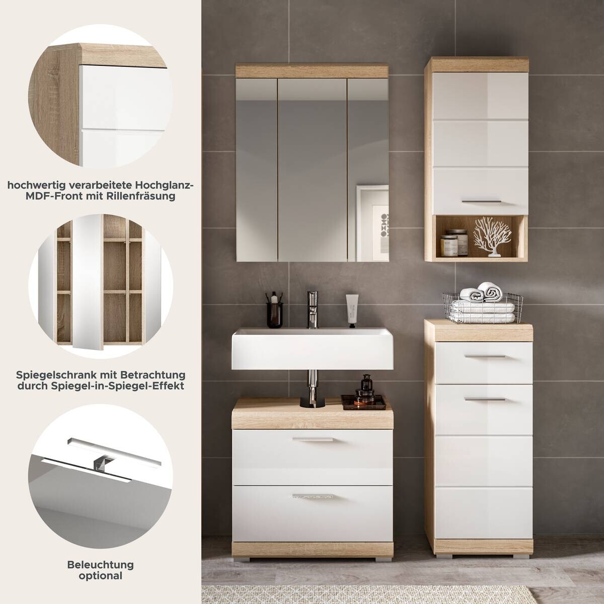 Badezimmer-Set Lambada Eiche Sonoma Nachbildung weiß Hochglanz B/H/T: ca. 112x191x37 cm