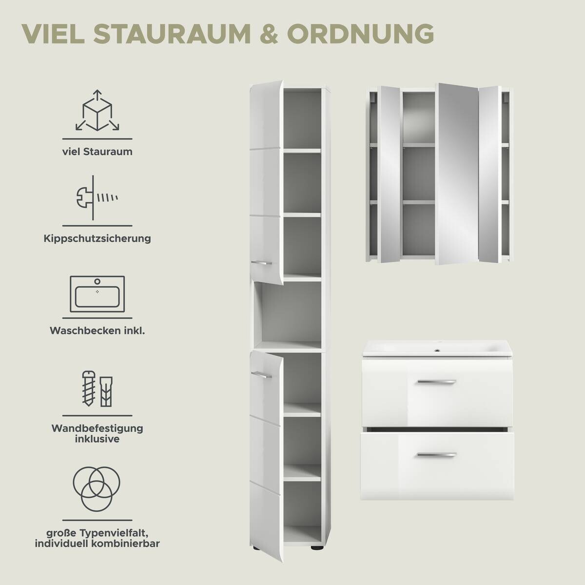 Badezimmer-Set Ice weiß weiß Hochglanz B/H/T: ca. 105x185x46 cm