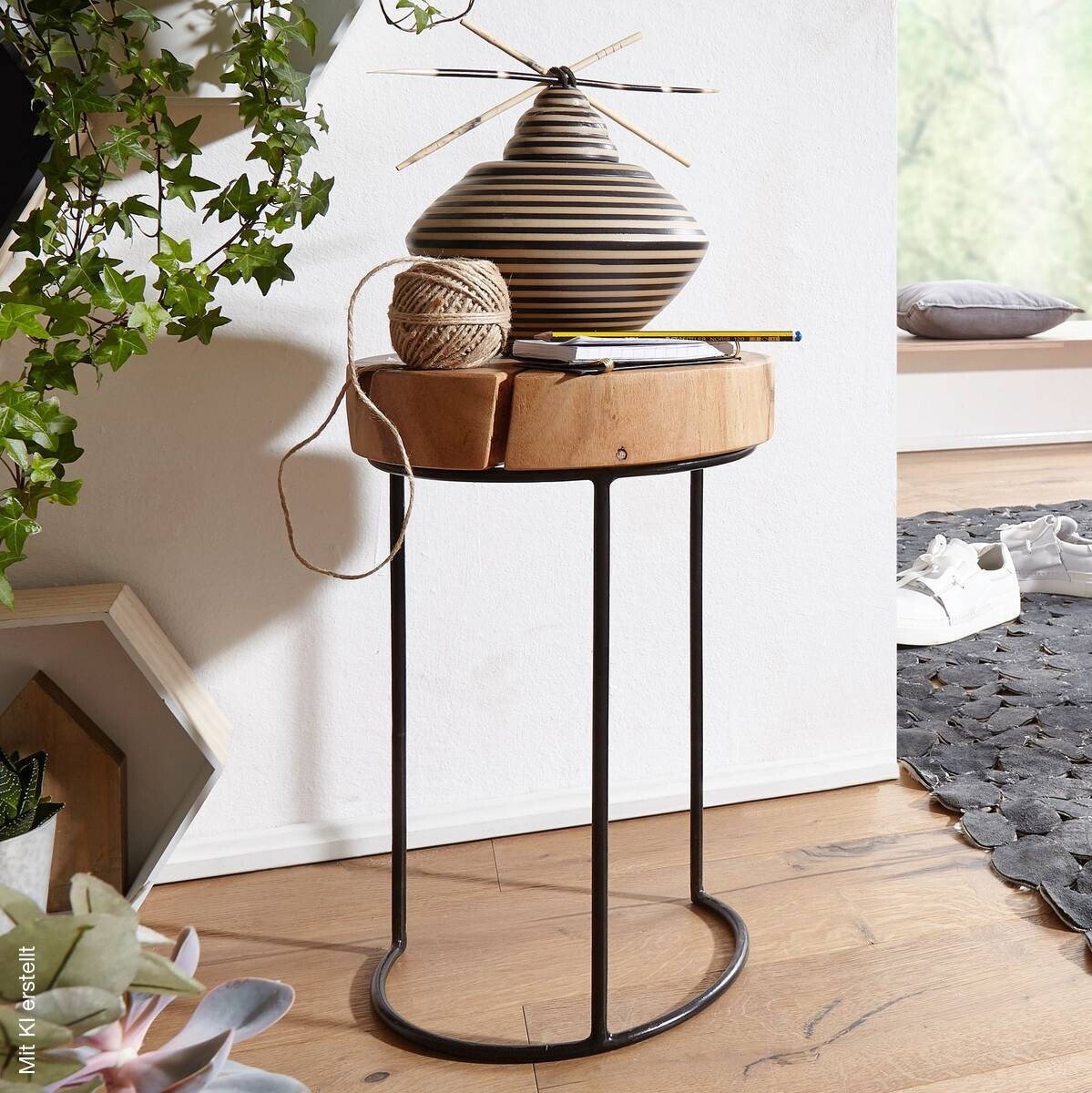 Beistelltisch natur schwarz Akazie Metall B/H/T: ca. 28x45x28 cm