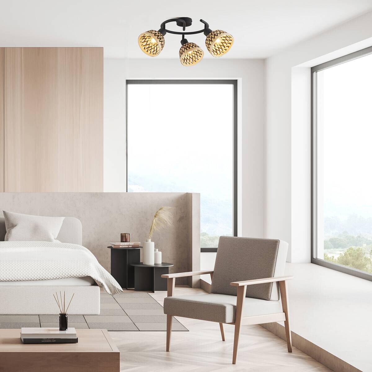 Searchlight Strahler Lance schwarz Stahl Bambus B/H/L: ca. 46x22x46 cm E14 3 Brennstellen