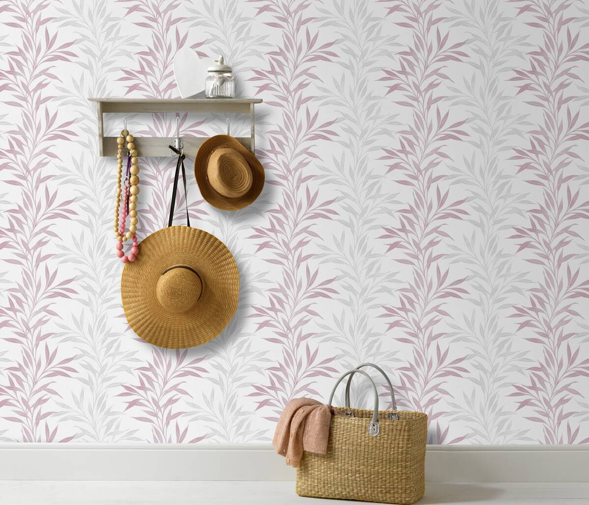 Vliestapete Blätter rosa grau weiß B/L: ca. 53x1005 cm
