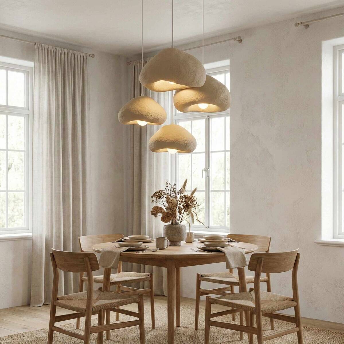 Opviq Pendelleuchte beige Metall Fiberglas B/H/T/L: ca. 154x110x46x154 cm E27 4 Brennstellen