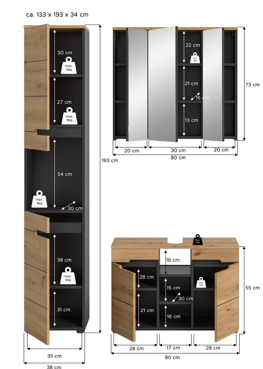 Badezimmer-Set Canu Basalt Eiche Artisan Nachbildung B/H/T: ca. 133x193x34 cm