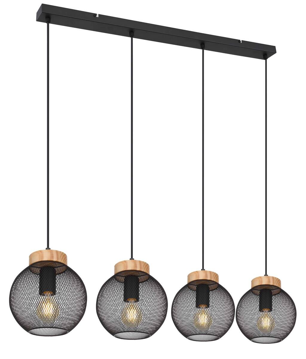 GLOBO Pendelleuchte Pablo mattschwarz natur Metall Holz B/H/T: ca. 95x120x20 cm E27 4 Brennstellen