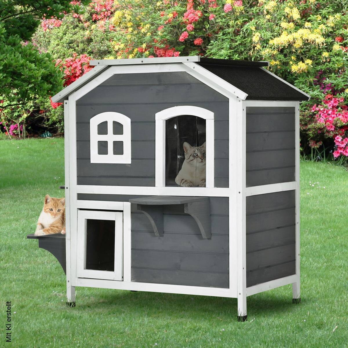 PawHut Katzenhaus grau Holz B/H/L: ca. 56x91x78 cm