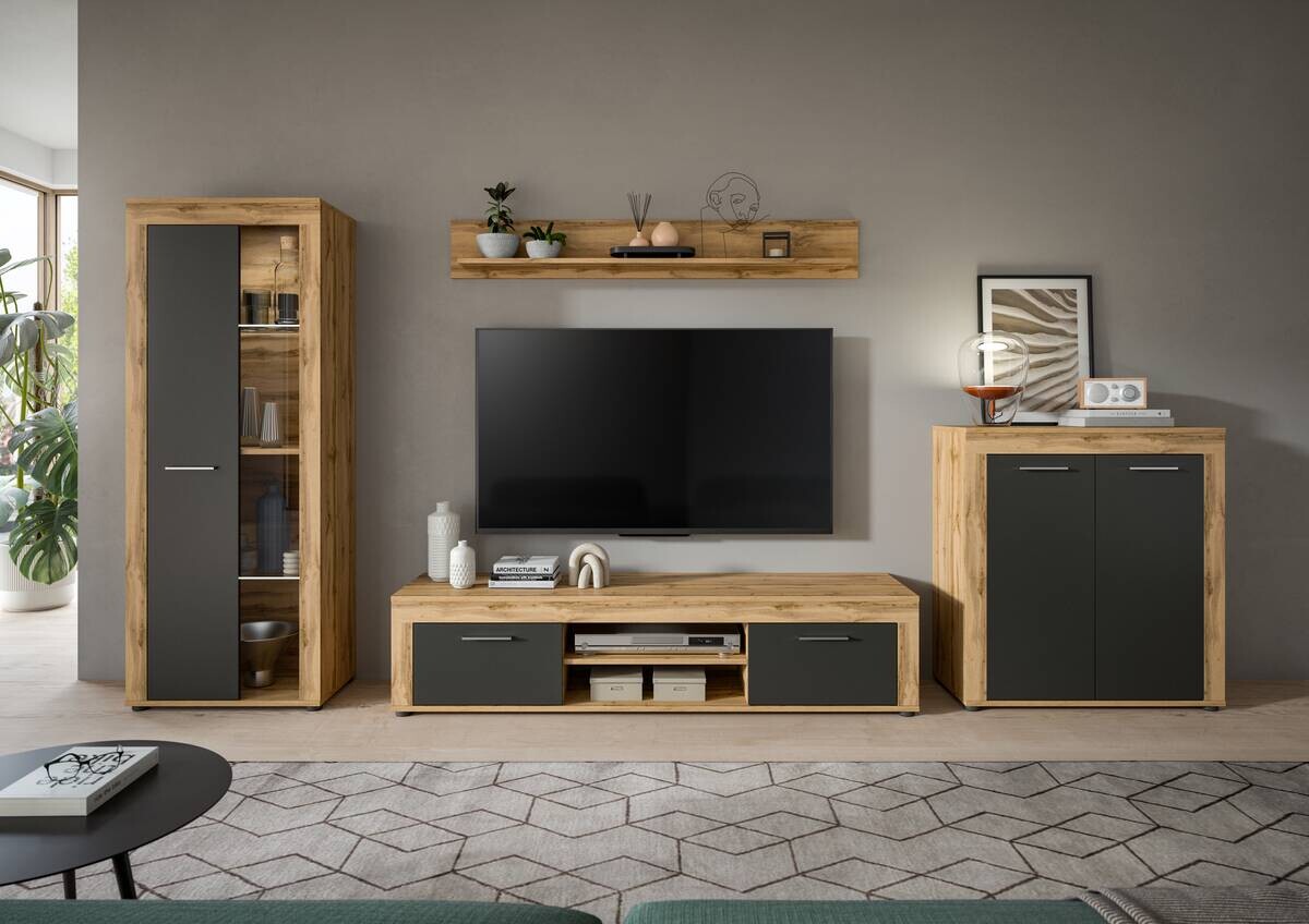 Wohnwand Jam Eiche Wotan Nachbildung grau B/H/T: ca. 330x159x35 cm