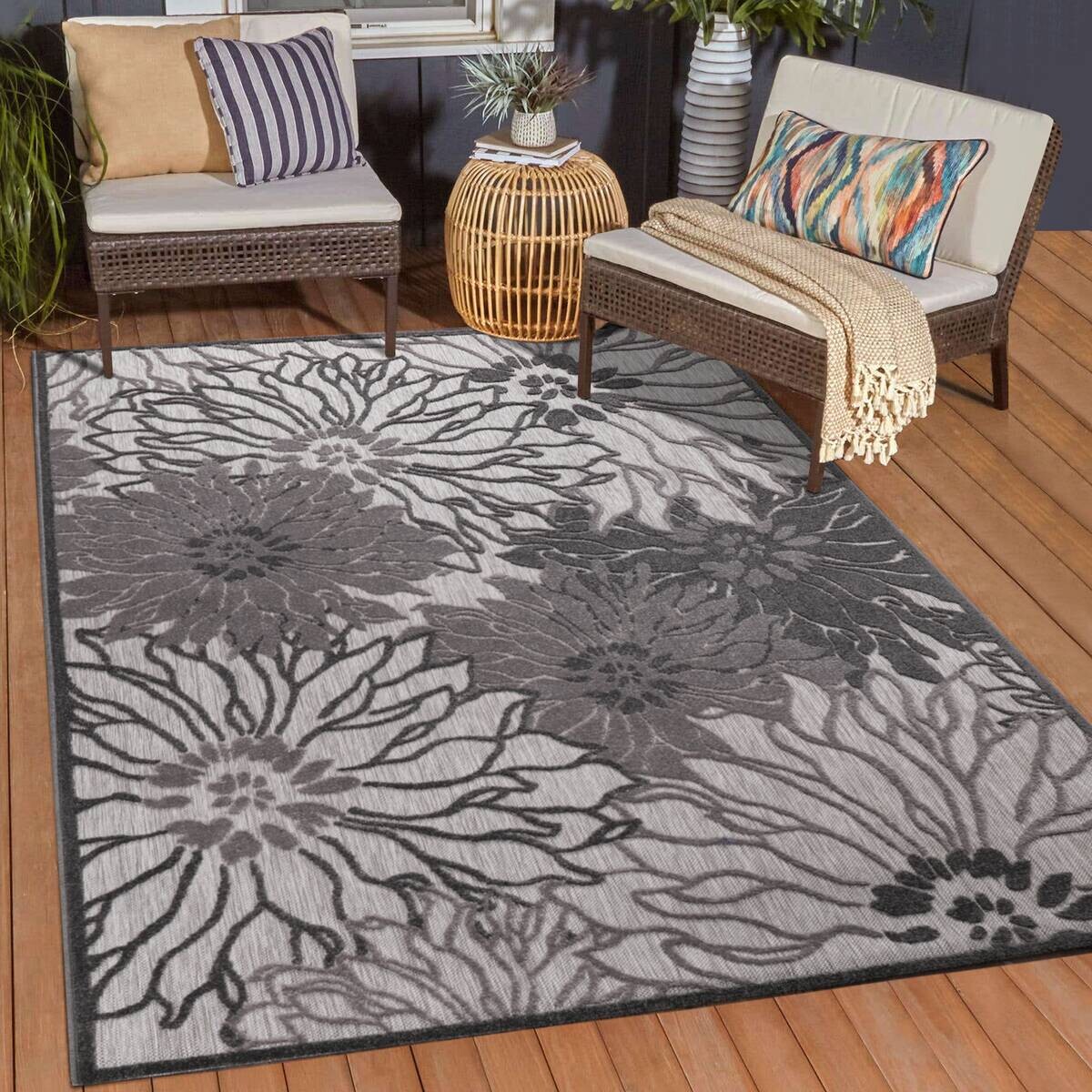 Sanat Outdoorteppich FLORAL grau B/L: ca. 80x150 cm