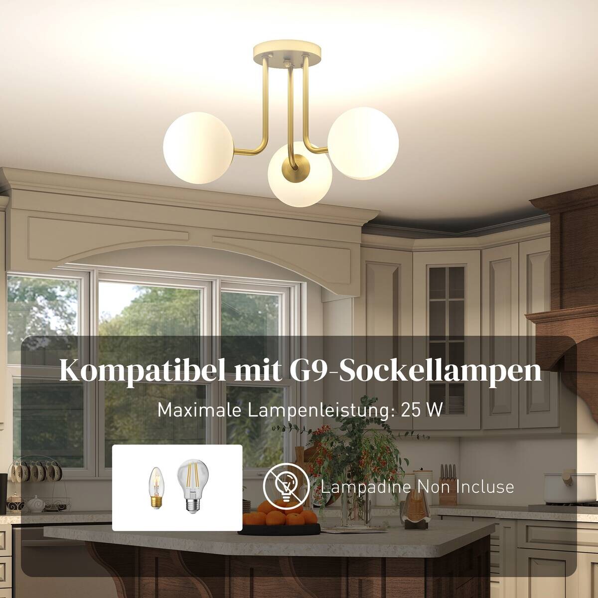 HOMCOM Deckenleuchte gold Metall Kunststoff B/H/L: ca. 42x26,5x42 cm G9 3 Brennstellen