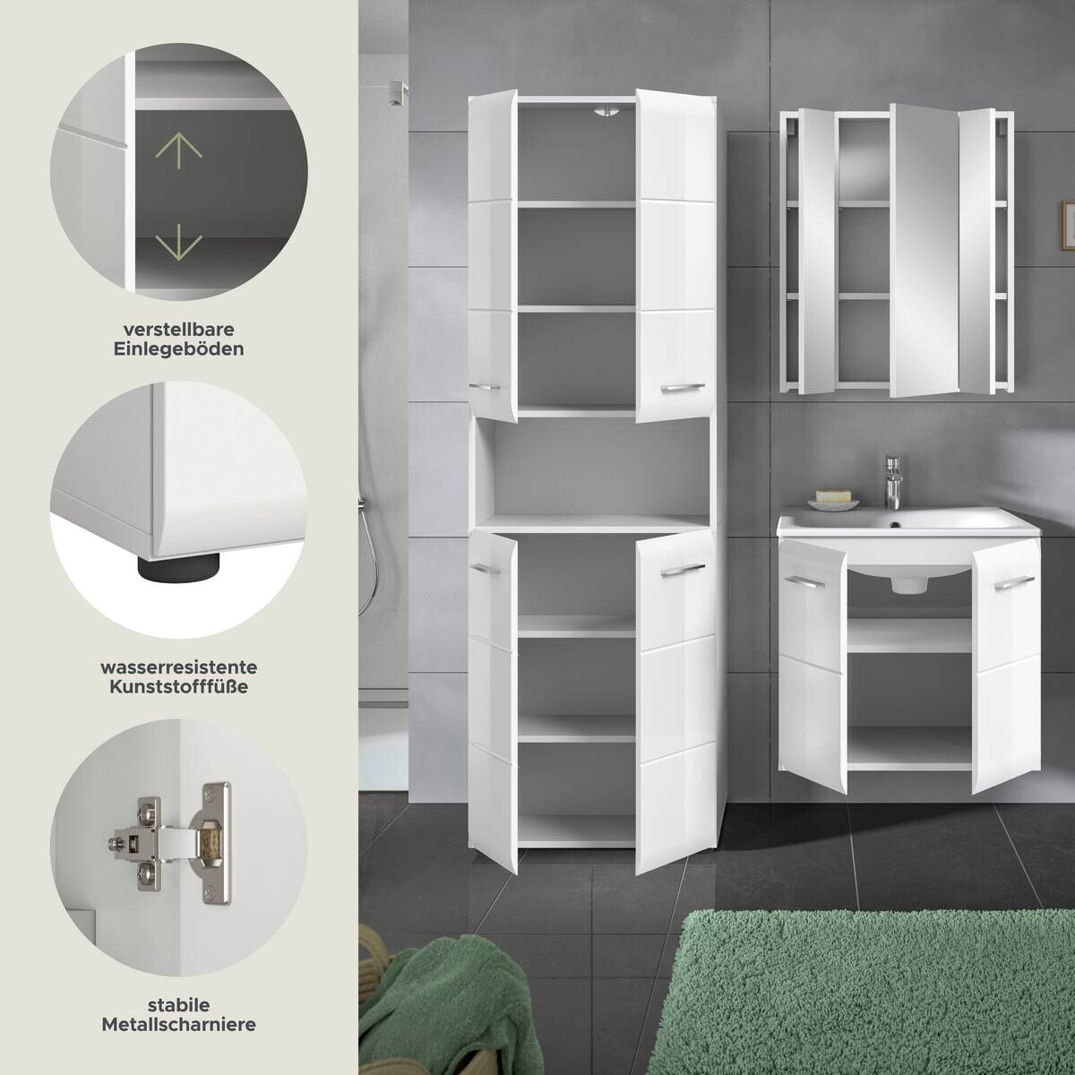 Badezimmer-Set Ice weiß weiß Hochglanz B/H/T: ca. 135x185x46 cm