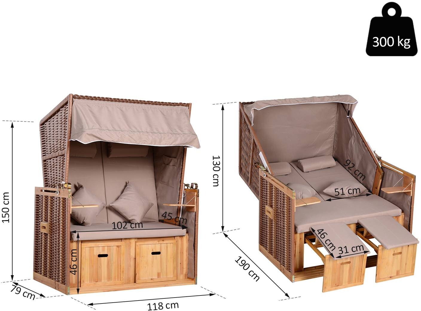 Outsunny Strandkorb hellbraun Metall B/H/T: ca. 118x150x79 cm