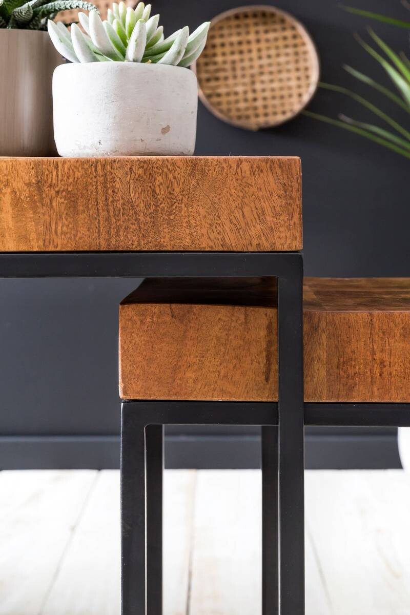 Beistelltisch 2er-Set natur schwarz lackiert Echtholz Eisen