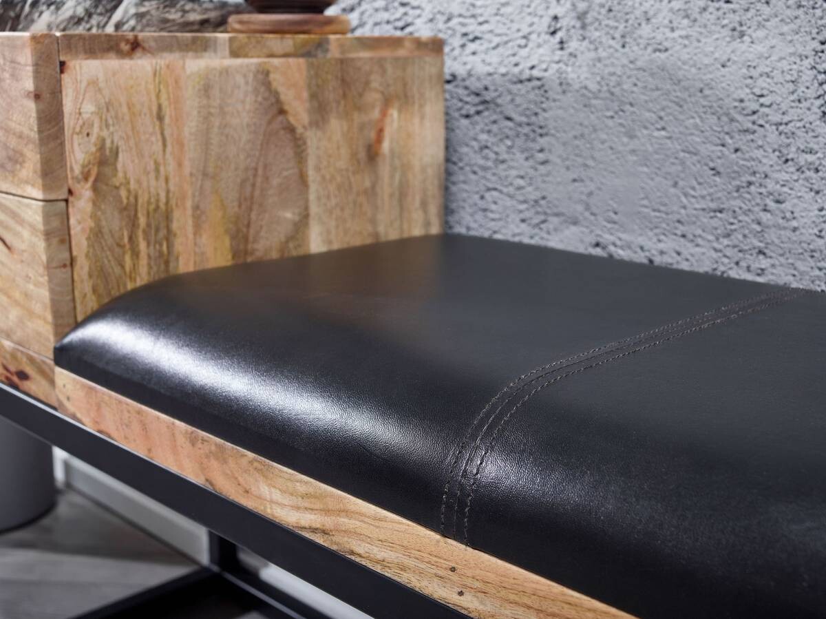 Wohnling Sitzbank natur schwarz schwarz Echtholz Leder Eisen B/H/T: ca. 100x60x35 cm