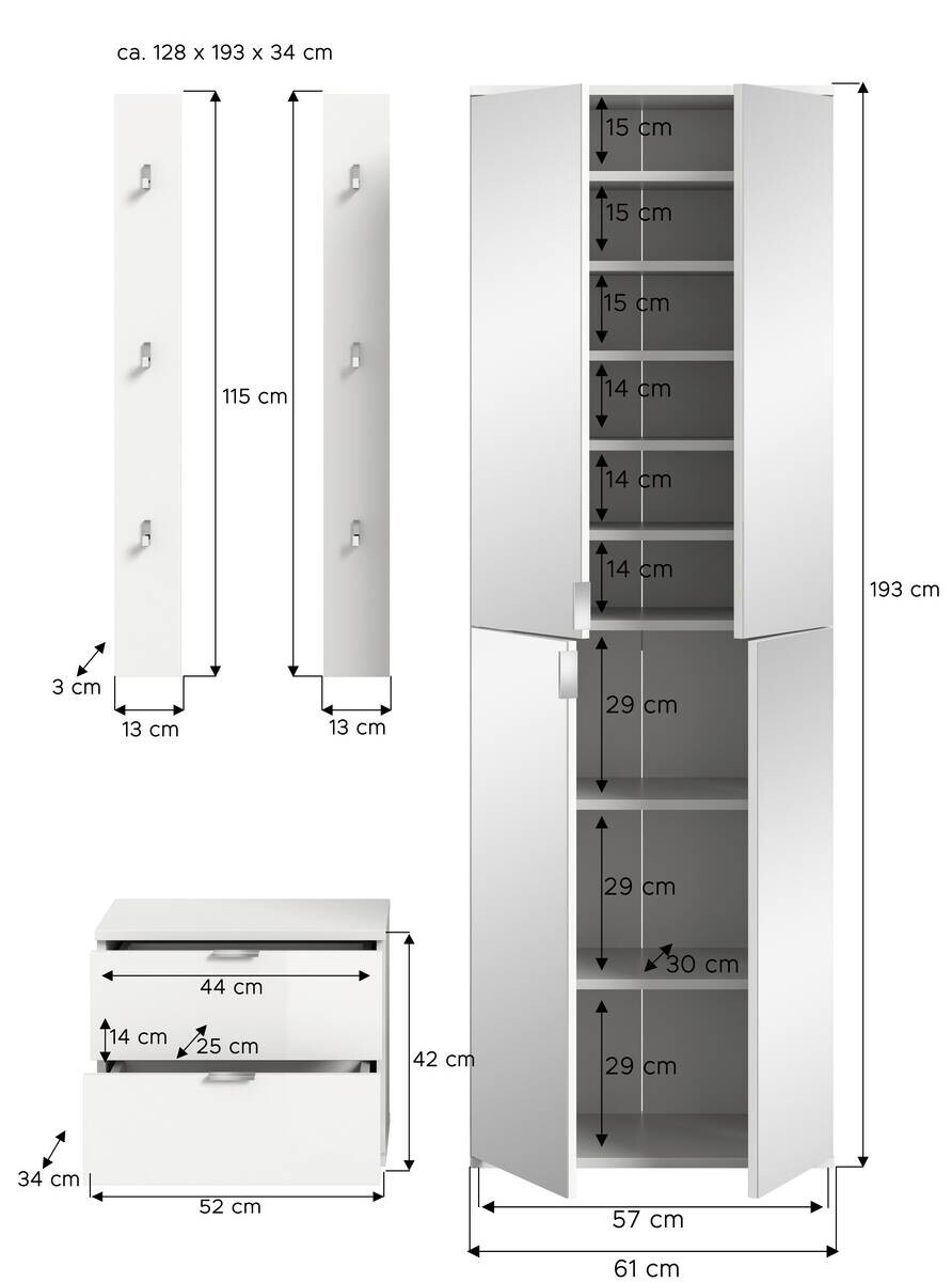Garderobe PROJEKT X weiß weiß Hochglanz B/H/T: ca. 128x191x37 cm