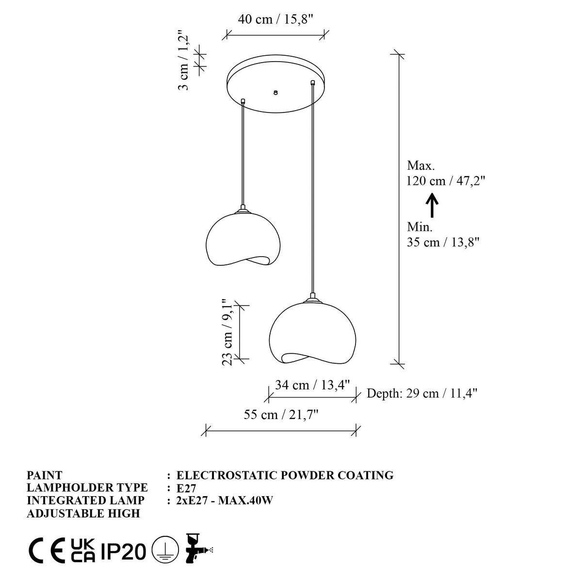 Opviq Pendelleuchte Yontu-15852 weiß Polyester-Mischgewebe Metall B/H/L: ca. 29x120x34 cm E27 2 Brennstellen