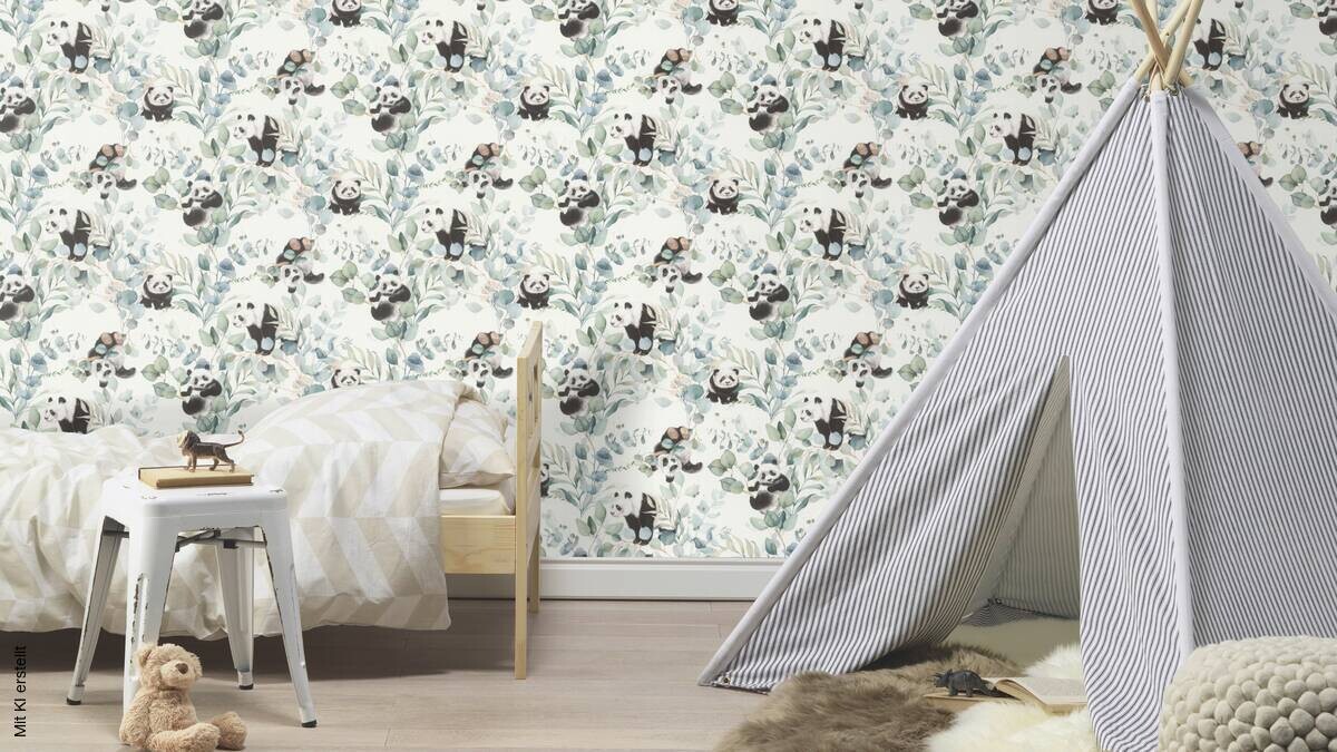 Papiertapete Pandabären weiß grün B/L: ca. 53x1005 cm