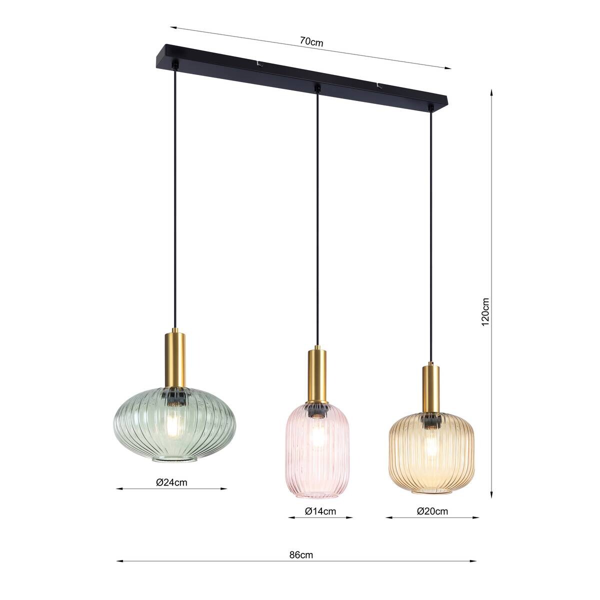 Pendelleuchte bunt Glas H/L/D: ca. 86x120x24,5 cm E27 3 Brennstellen