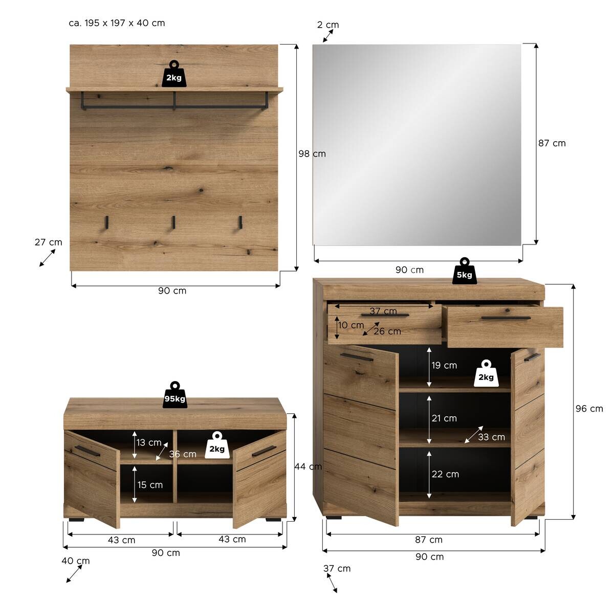 Garderobe SCOUT Evoke Oak Nachbildung B/H/T: ca. 195x197x40 cm