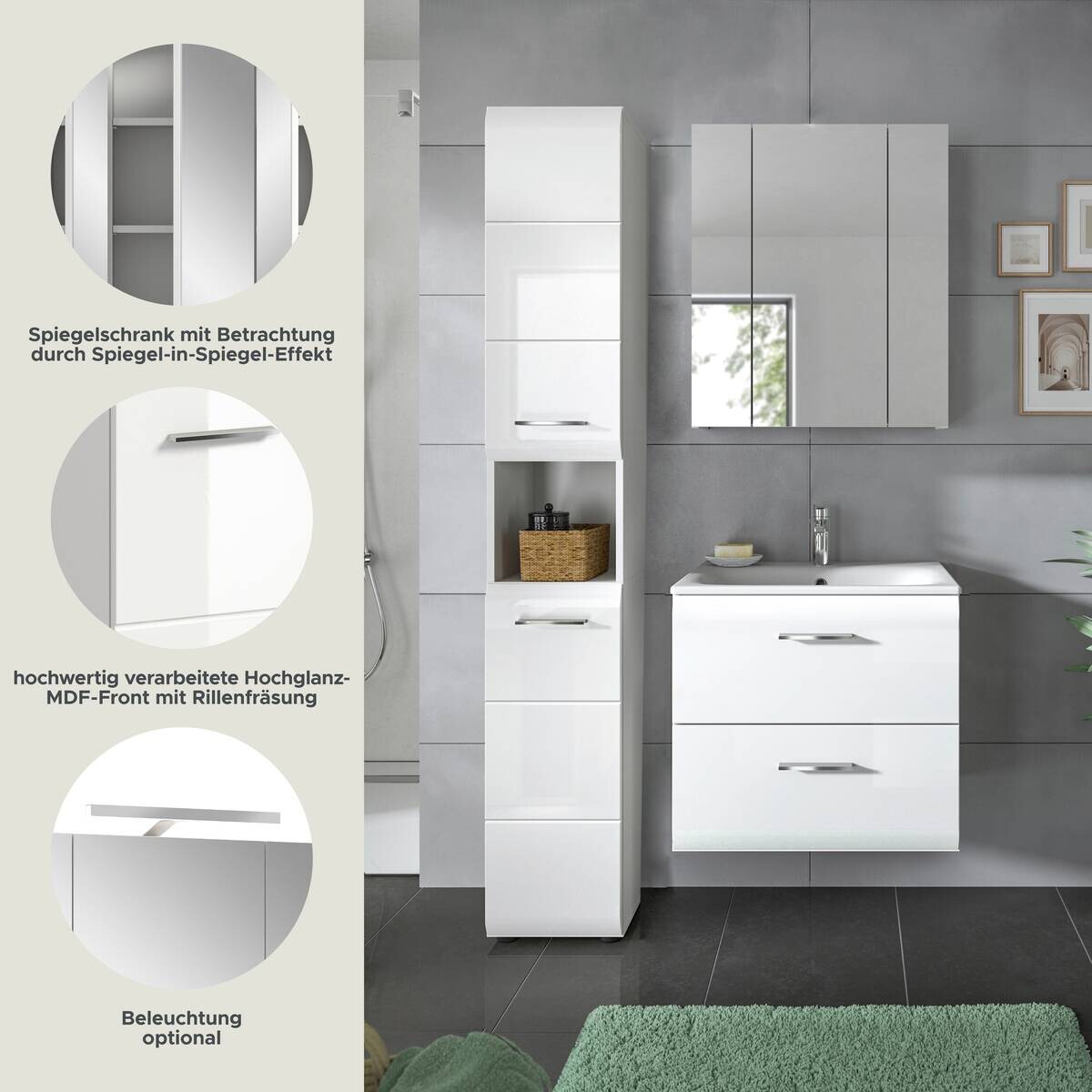 Badezimmer-Set Ice weiß weiß Hochglanz B/H/T: ca. 105x185x46 cm