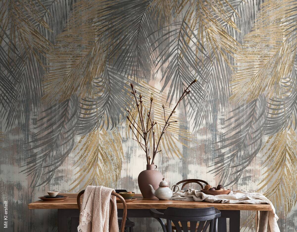 Livingwalls Fototapete Palmenblätter grau beige gold B/L: ca. 280x159 cm