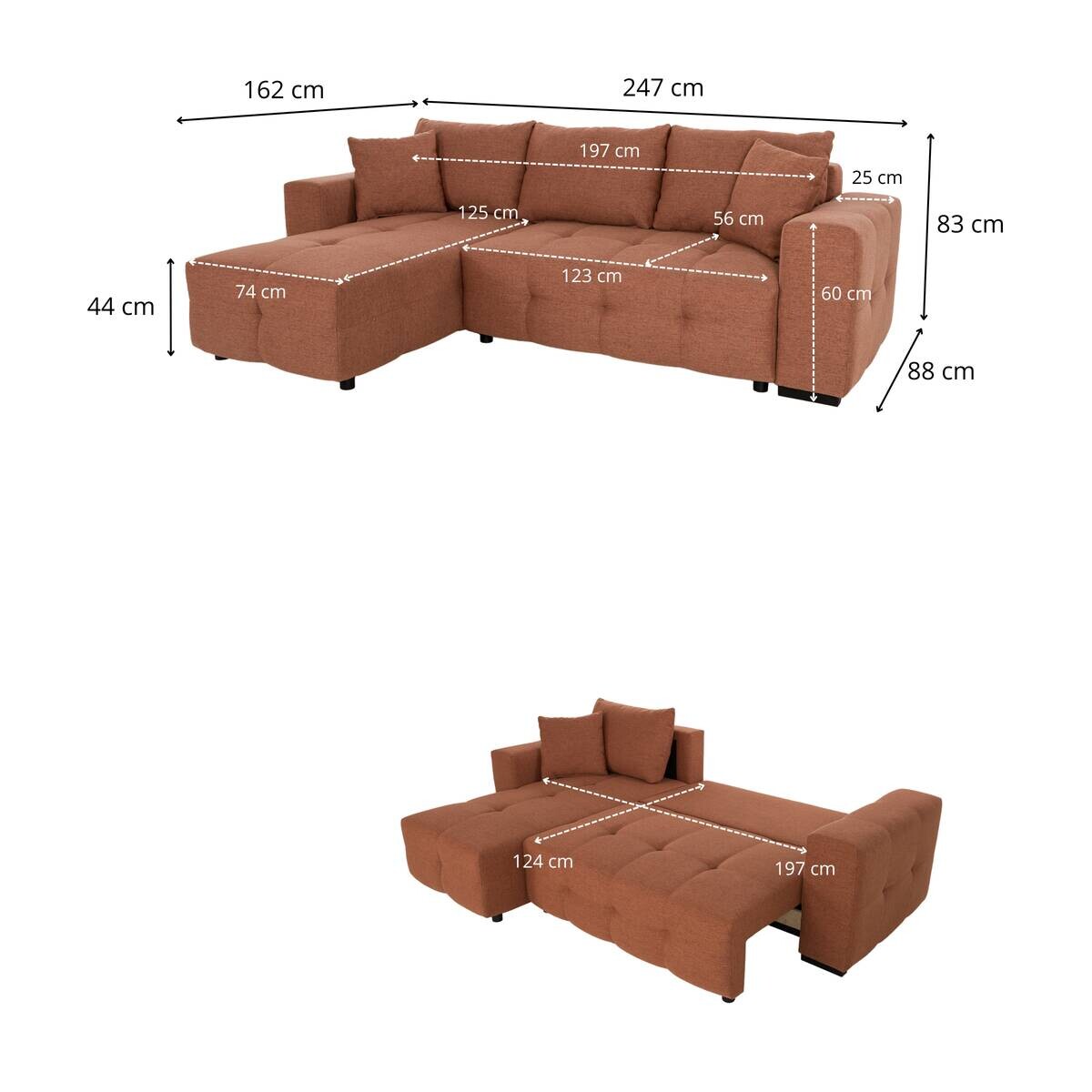 Ecksofa mit Bettfunktion und Bettkasten terracotta Webstoff B/H/T: ca. 247x83x162 cm