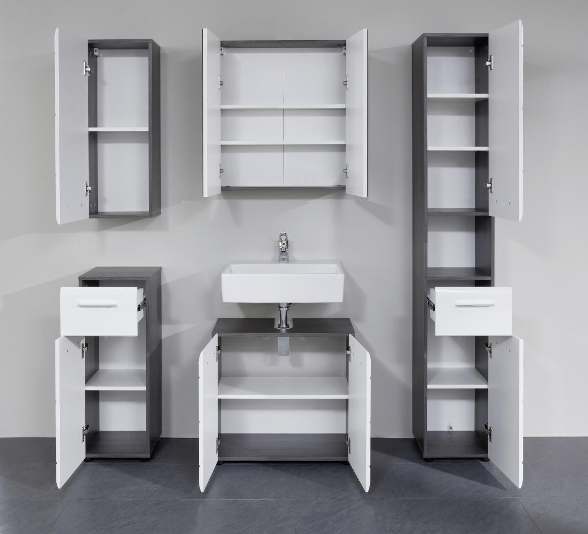 Badhochschrank Line Rauchsilber Nachbildung weiß Hochglanz B/H/T: ca. 30x182x31 cm