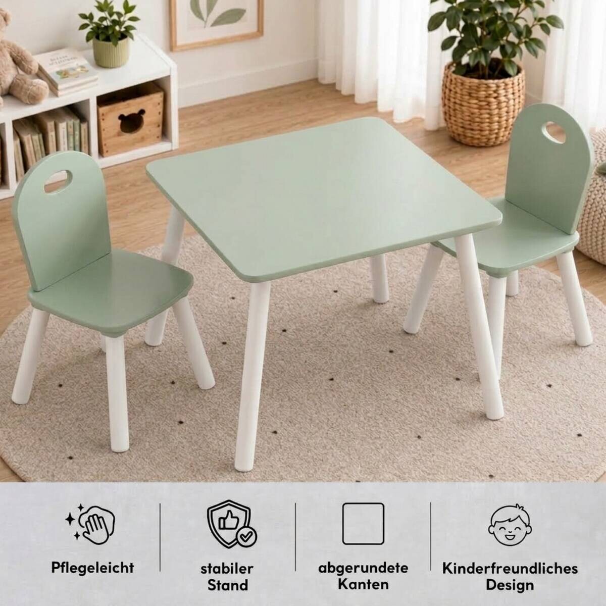 Kesper Kindertisch mit 2 Stühlen mint Spanplatte B/H/L: ca. 55x45x55 cm