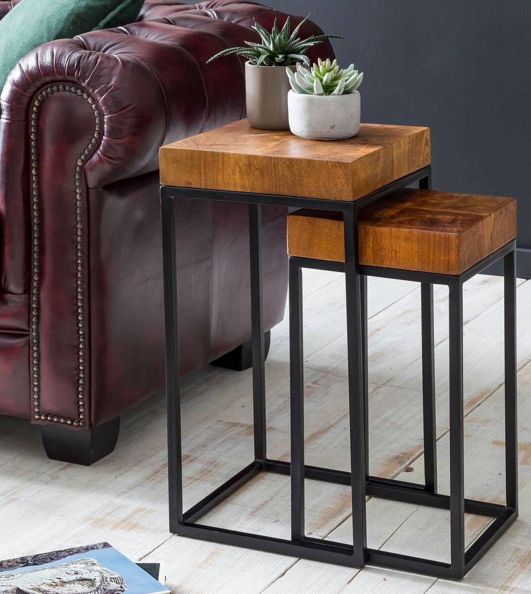 Beistelltisch 2er-Set natur schwarz lackiert Echtholz Eisen