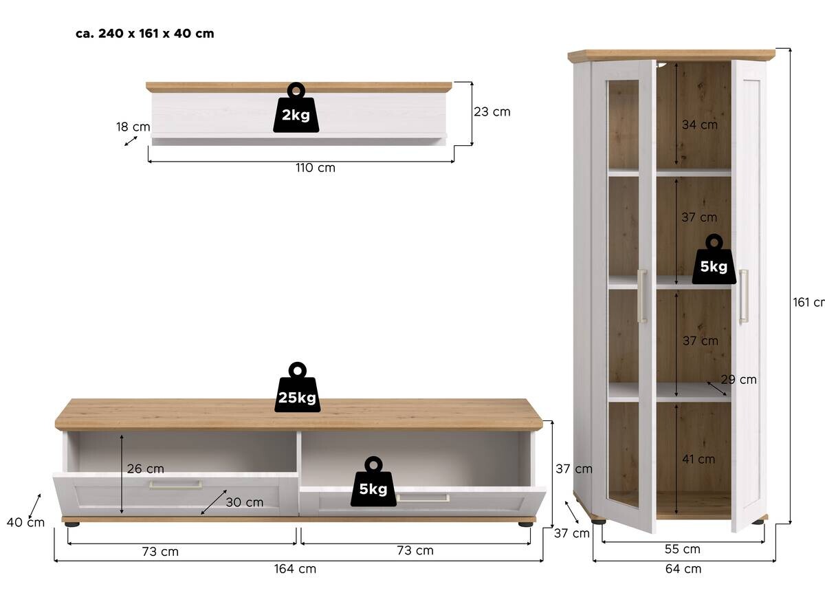 Wohnwand VERONA Lärche Nachbildung Eiche Nachbildung B/H/T: ca. 240x161x40 cm