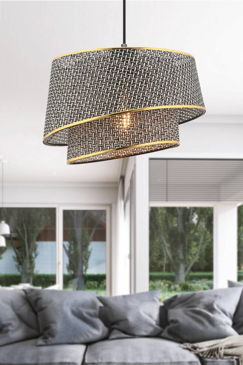 Opviq Pendelleuchte Barette gold grau Stoff Metall B/H/L: ca. 32x65x32 cm E27 1 Brennstellen