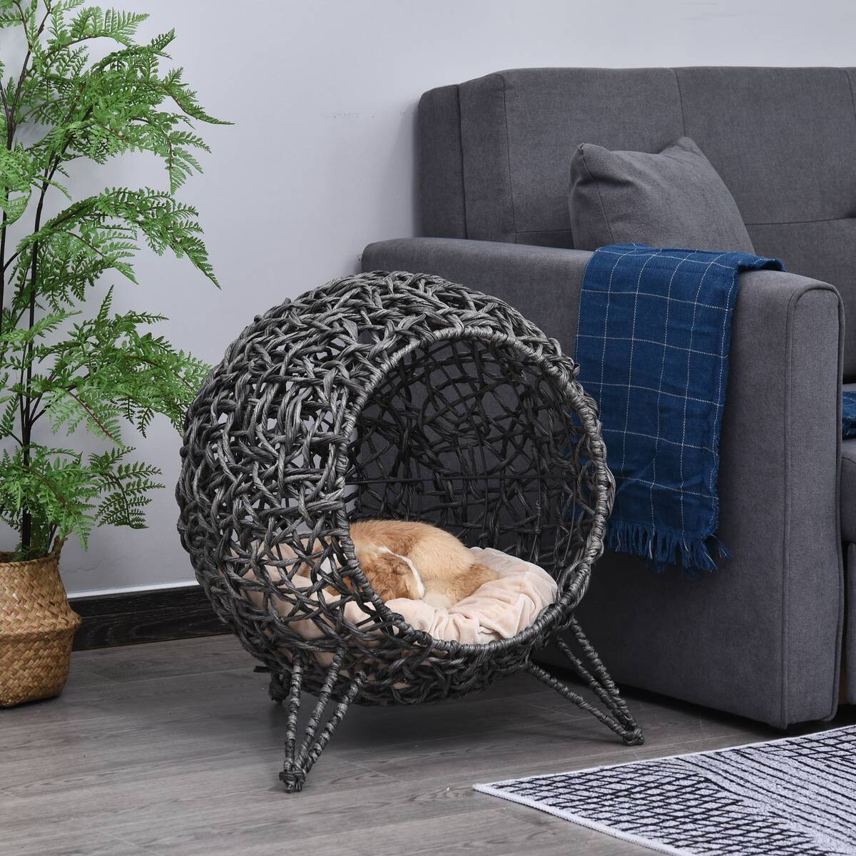PawHut Katzenkorb Silbergrau Rattan B/H/L: ca. 52x58x52 cm