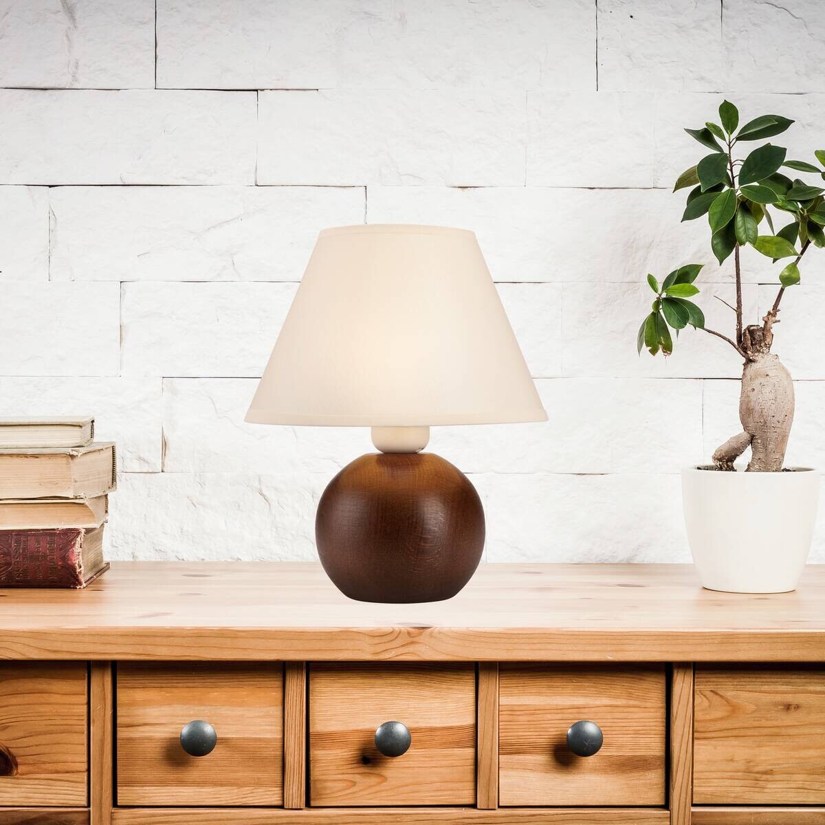 Lamkur Tischleuchte Ball natur Stahl Holz Stoff H/L: ca. 24x19 cm E27 1 Brennstellen