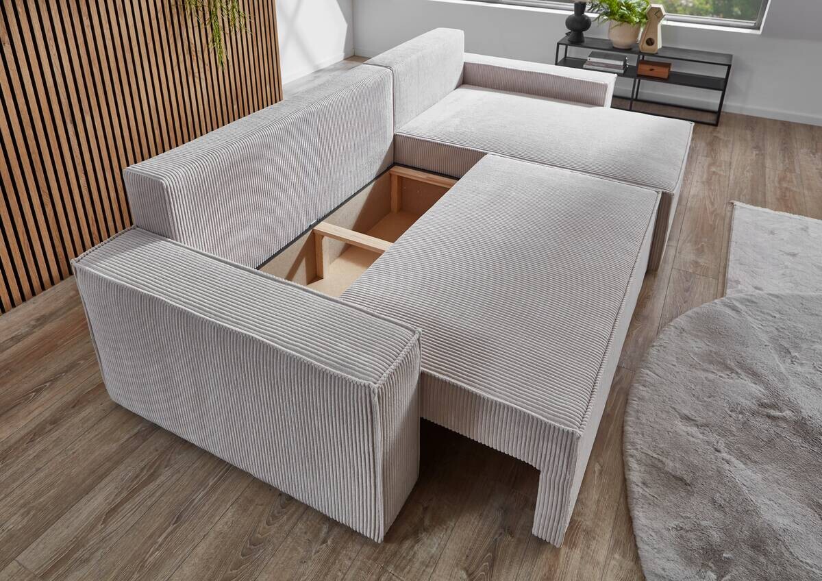 Ecksofa mit Bettfunktion und Bettkasten natur Microfaser B/H/T: ca. 266x150x83 cm