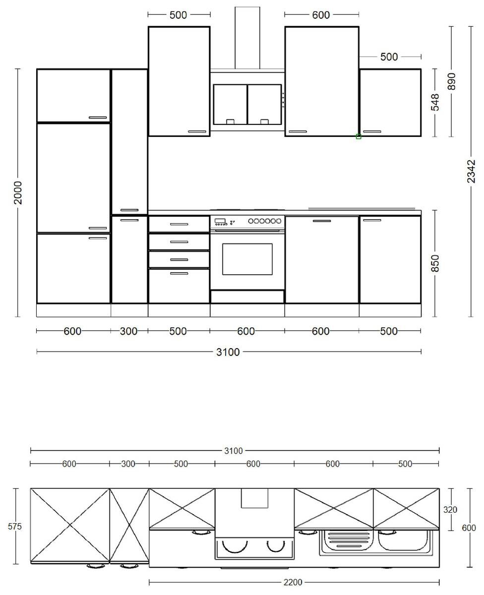Küchenblock Cara grün matt B/H/T: ca. 310x234x60 cm