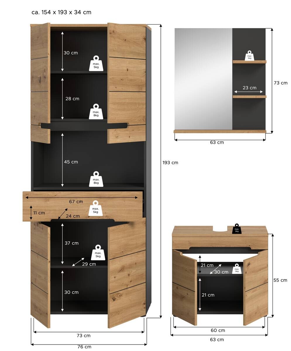 Badezimmer-Set Canu Basalt Eiche Artisan Nachbildung B/H/T: ca. 154x193x34 cm