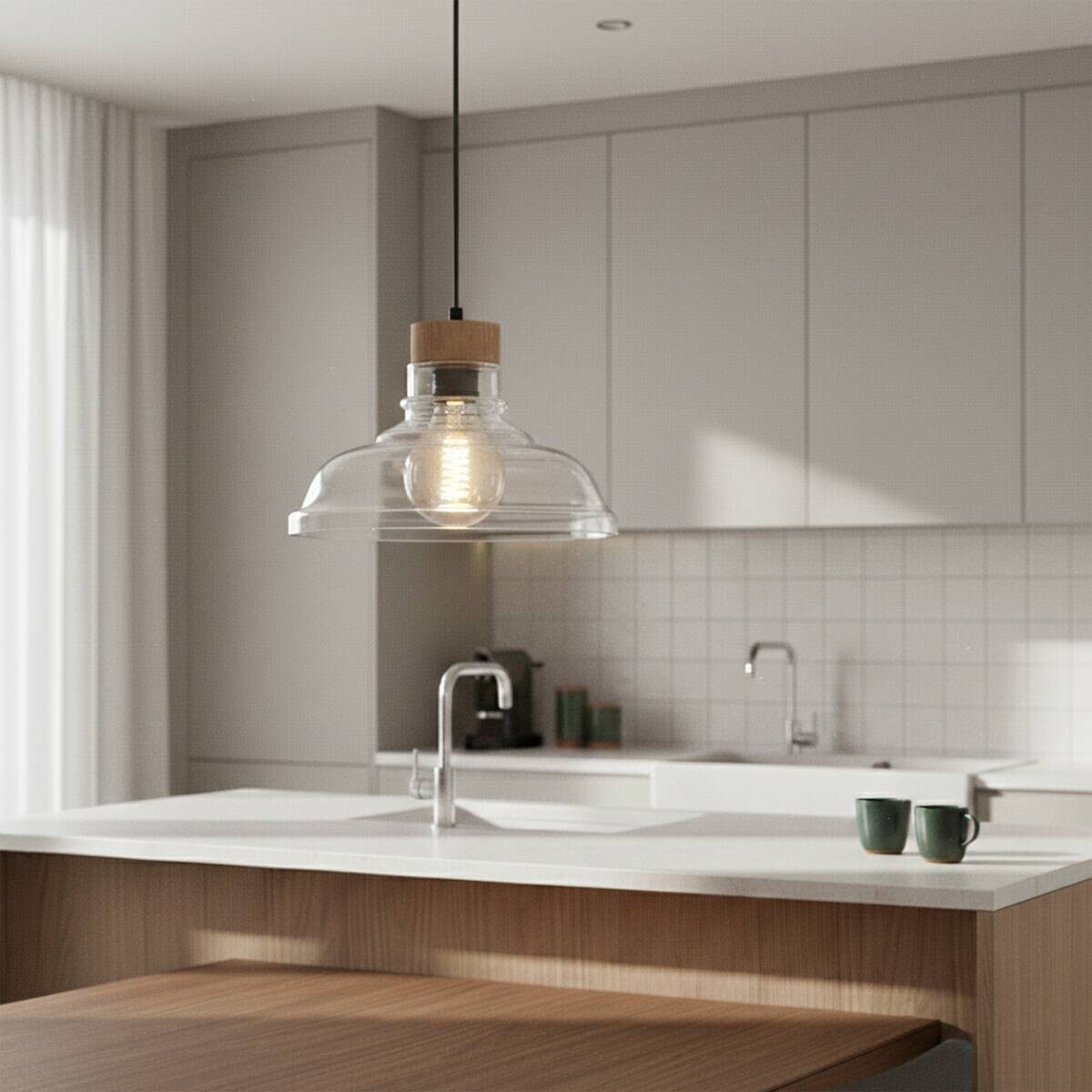Lamkur Pendelleuchte Eiche Glas B/H/L: ca. 28x115x28 cm E27 1 Brennstellen