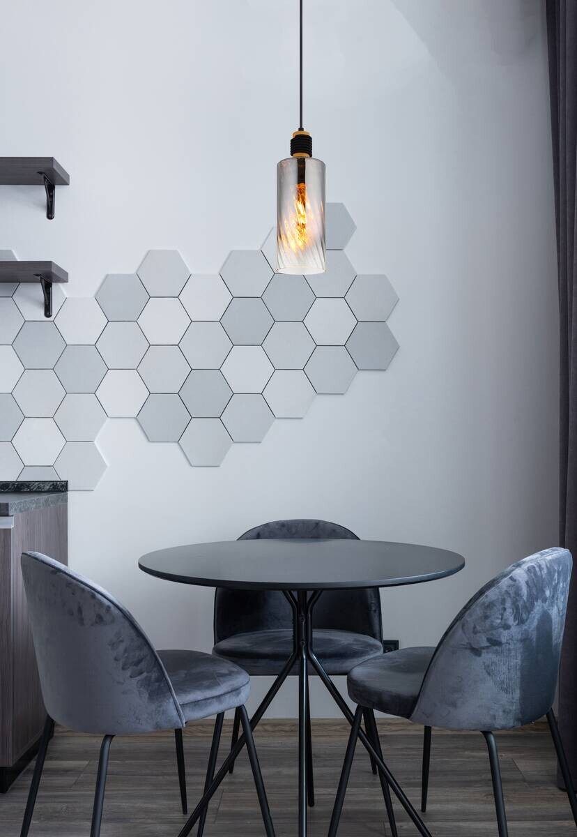 GLOBO Pendelleuchte mattschwarz braun Rauch Metall Holz Glas H/D: ca. 150x12 cm E27 1 Brennstellen