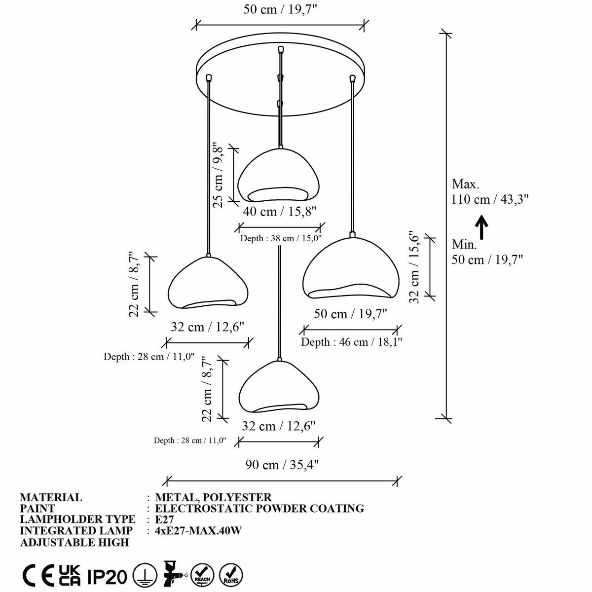Opviq Pendelleuchte weiß Metall Fiberglas B/H/T/L/D: ca. 90x110x90x90x90 cm E27 4 Brennstellen
