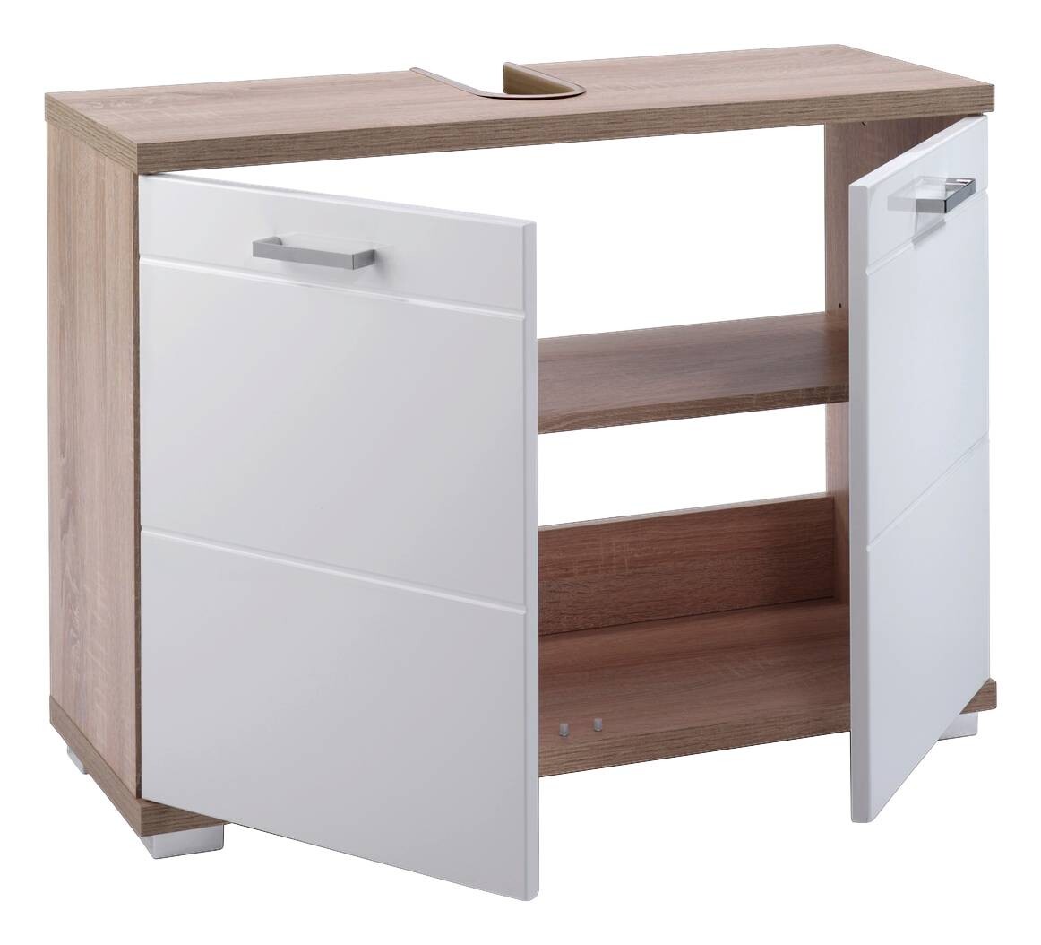 Waschbeckenunterschrank NEBRASKA Eiche Nachbildung weiß Hochglanz silber verchromt B/H/T: ca. 80x59x31,5 cm