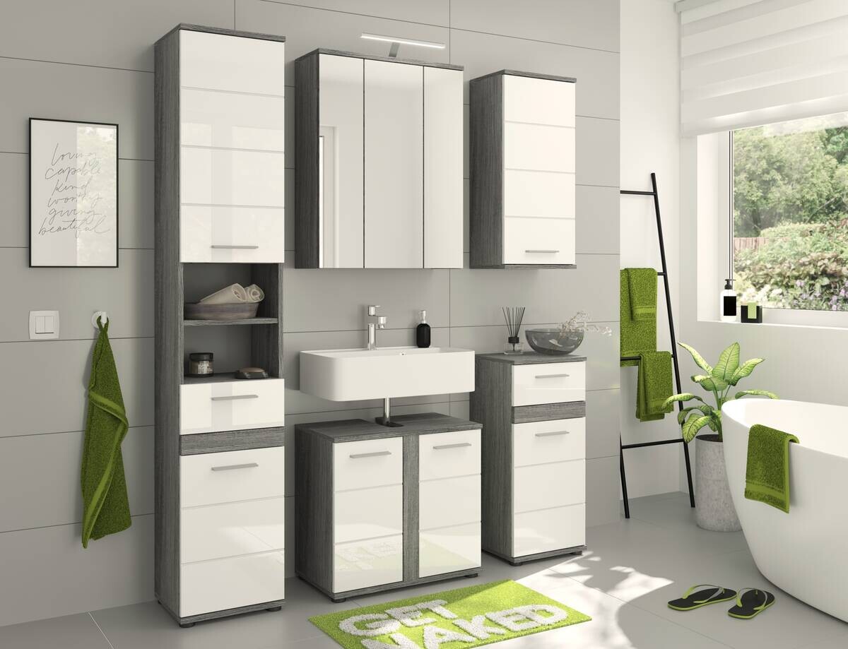 Badezimmer-Set BLAKE Rauchsilber Nachbildung weiß Hochglanz B/H/T: ca. 114x191x34 cm