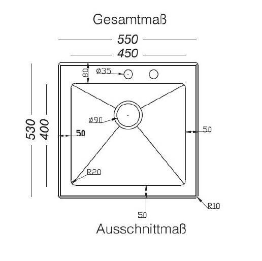 Respekta Einbauspüle New York 55 x 53 W weiß Glas Edelstahl B/H/T: ca. 55x21x53 cm