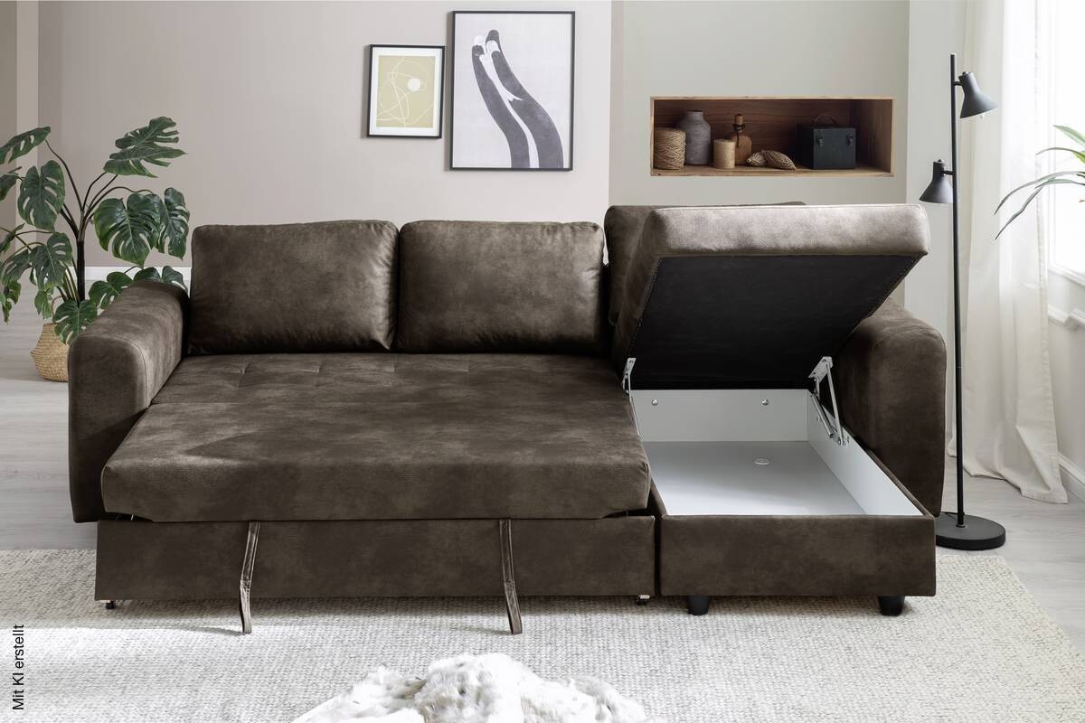 Ecksofa mit Bettfunktion und Bettkasten dunkelbraun B/H/T: ca. 245x85x155 cm
