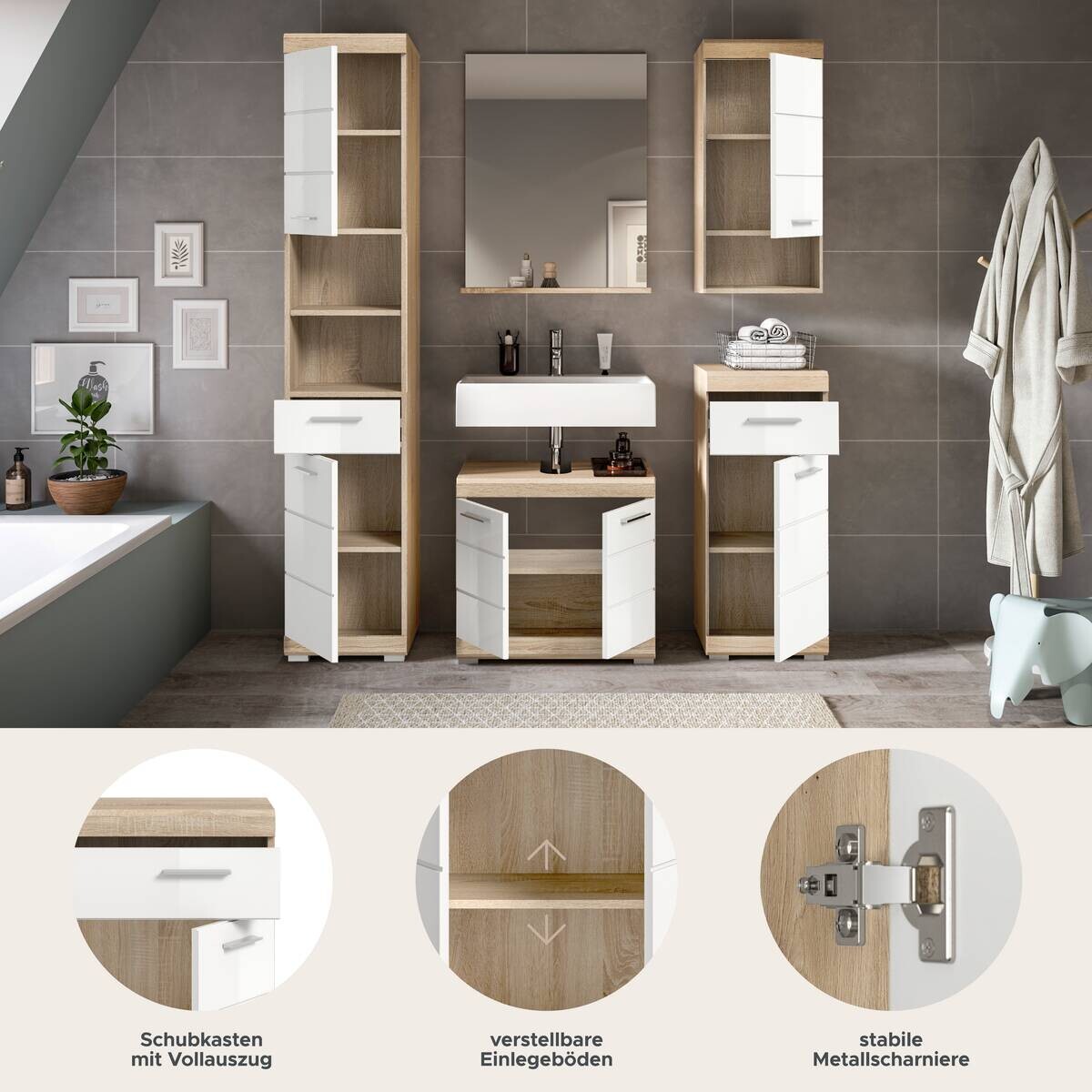 Badezimmer-Set Lambada Eiche Sonoma Nachbildung weiß Hochglanz B/H/T: ca. 164x191x34 cm