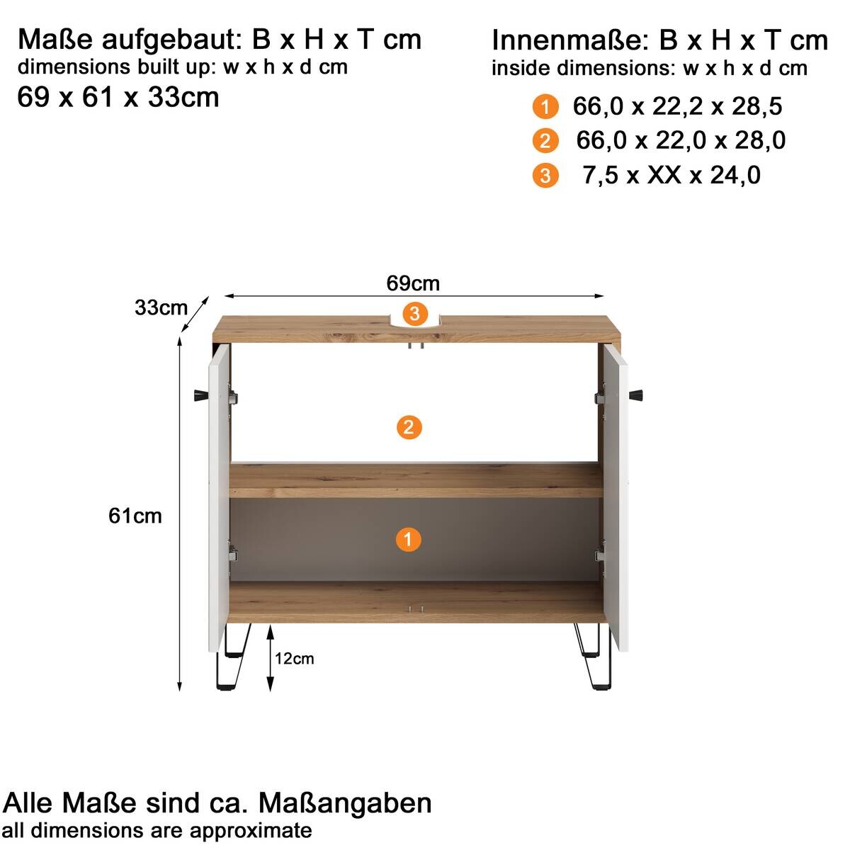 Waschbeckenunterschrank Touch Eiche Artisan Nachbildung weiß matt B/H/T: ca. 69x61x32 cm