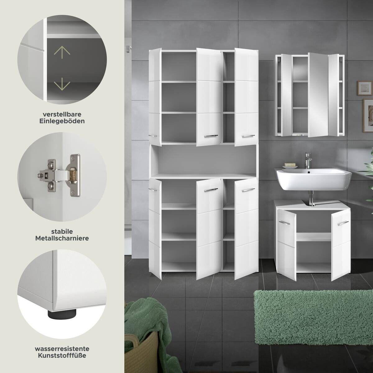 Badezimmer-Set Ice weiß weiß Hochglanz B/H/T: ca. 165x185x30 cm