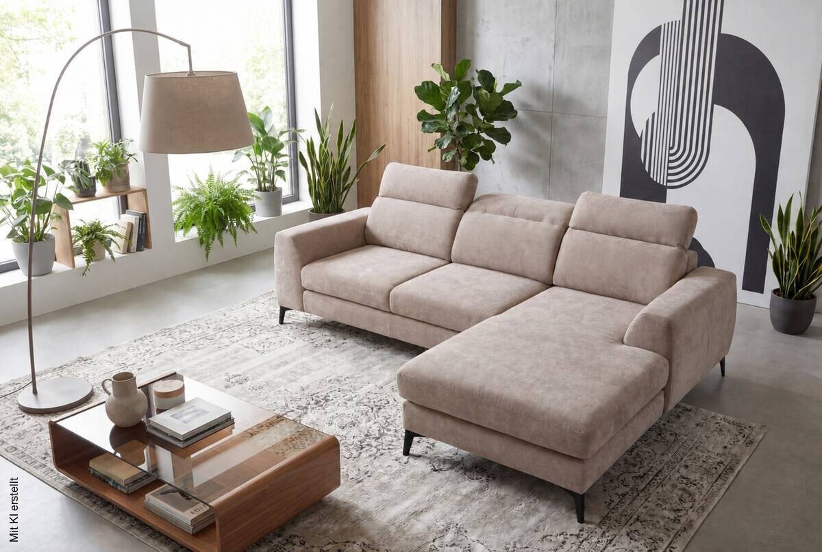 Ecksofa mit Bettfunktion und Bettkasten beige Microfaser B/T: ca. 264x191 cm