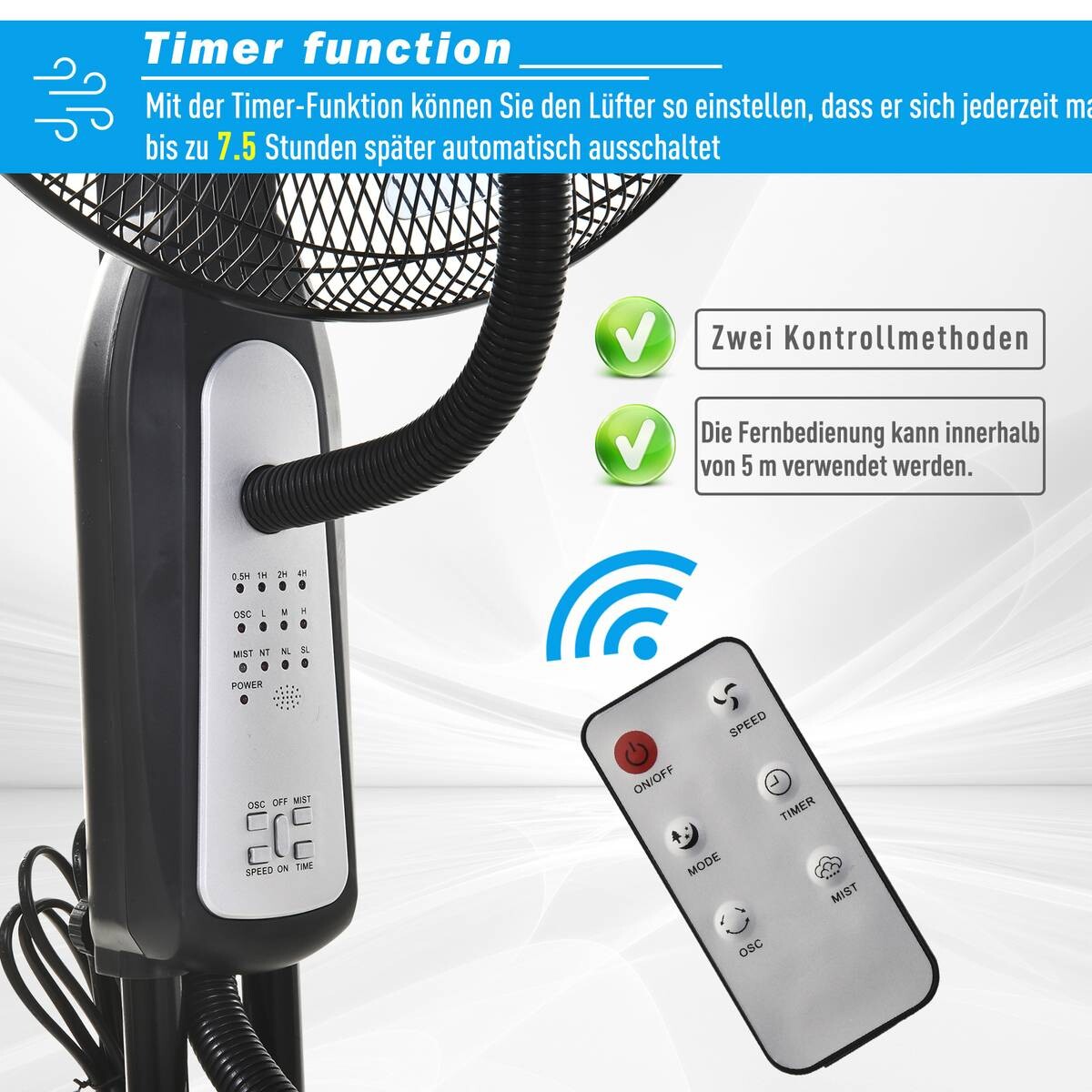 HOMCOM Standventilator mit Wasserzerstäuber schwarz Metall Kunststoff H/D: ca. 120x44 cm