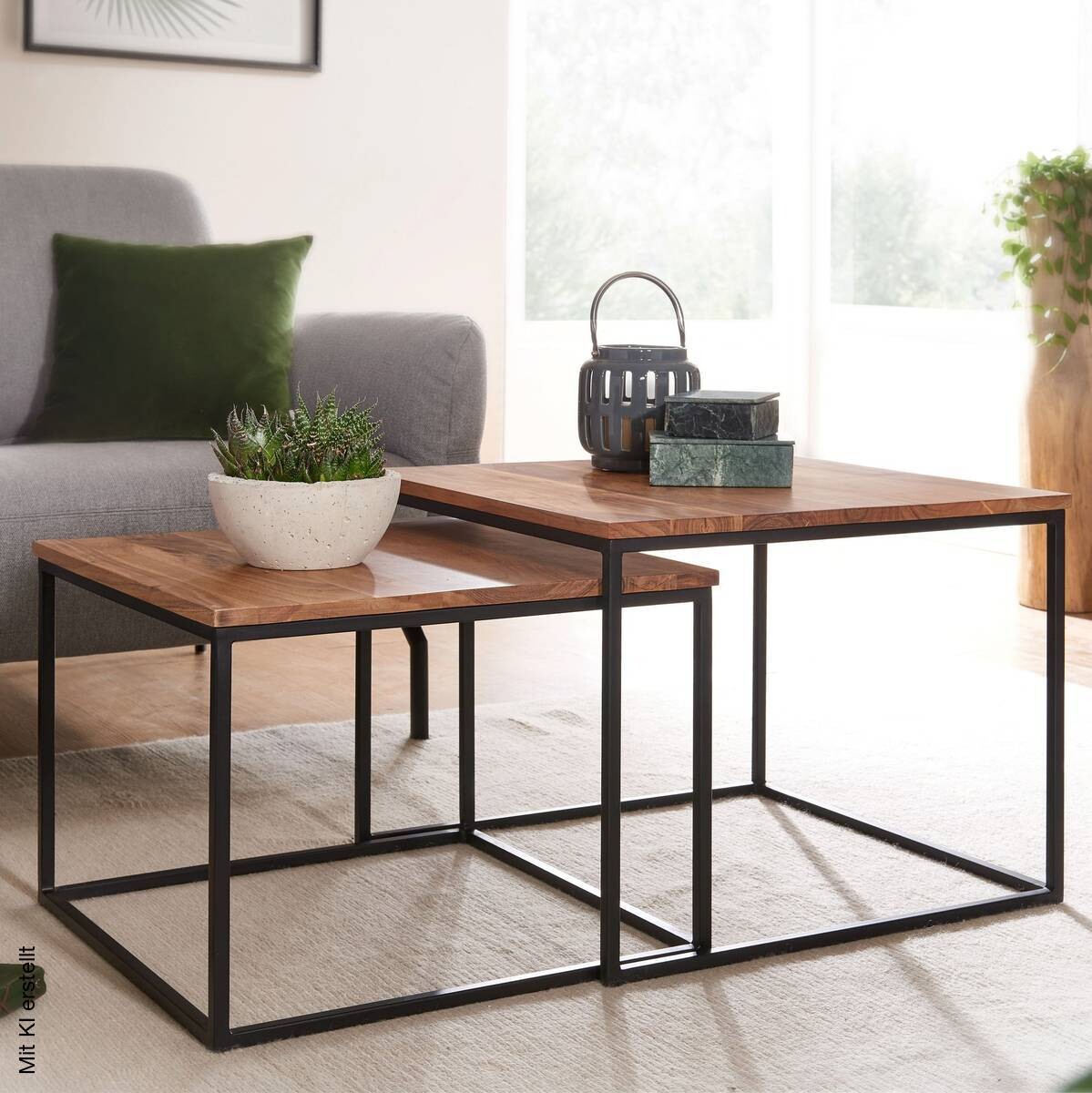 Couchtisch 2er-Set. natur schwarz pulverbeschichtet