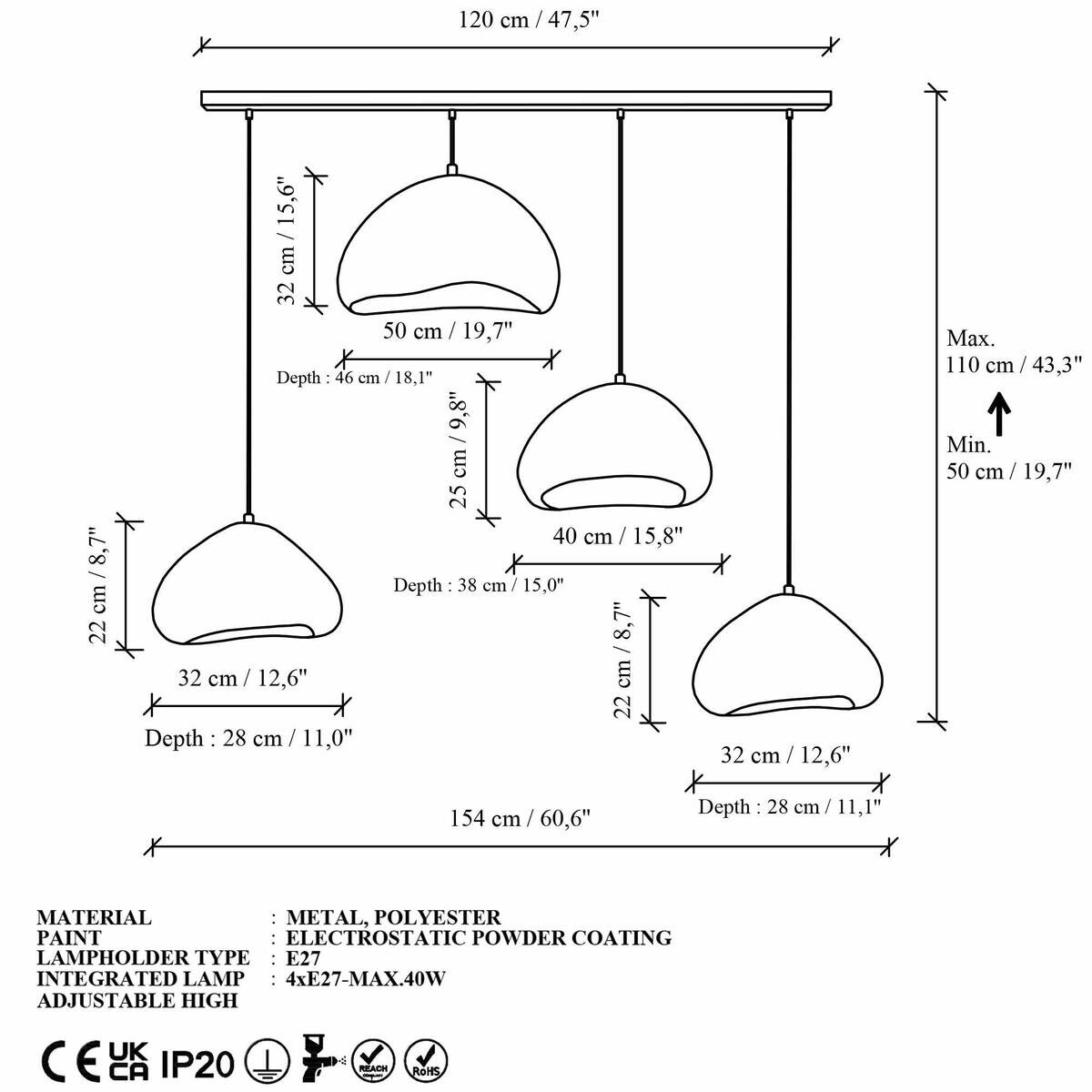 Opviq Pendelleuchte weiß Metall Fiberglas B/H/T/L: ca. 154x110x46x154 cm E27 4 Brennstellen